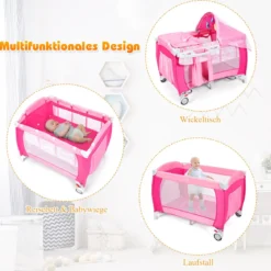 4 in 1 Klappbares Reisebett & Babywiege & Wickeltisch & Laufstall mit Schaukelfunktion Rosa
