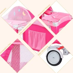 4 in 1 Klappbares Reisebett & Babywiege & Wickeltisch & Laufstall mit Schaukelfunktion Rosa