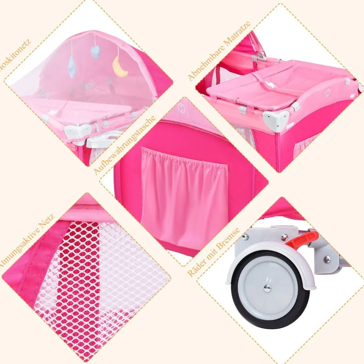 4 in 1 Klappbares Reisebett & Babywiege & Wickeltisch & Laufstall mit Schaukelfunktion Rosa