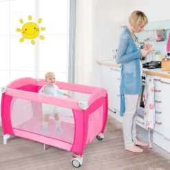 4 in 1 Klappbares Reisebett & Babywiege & Wickeltisch & Laufstall mit Schaukelfunktion Rosa
