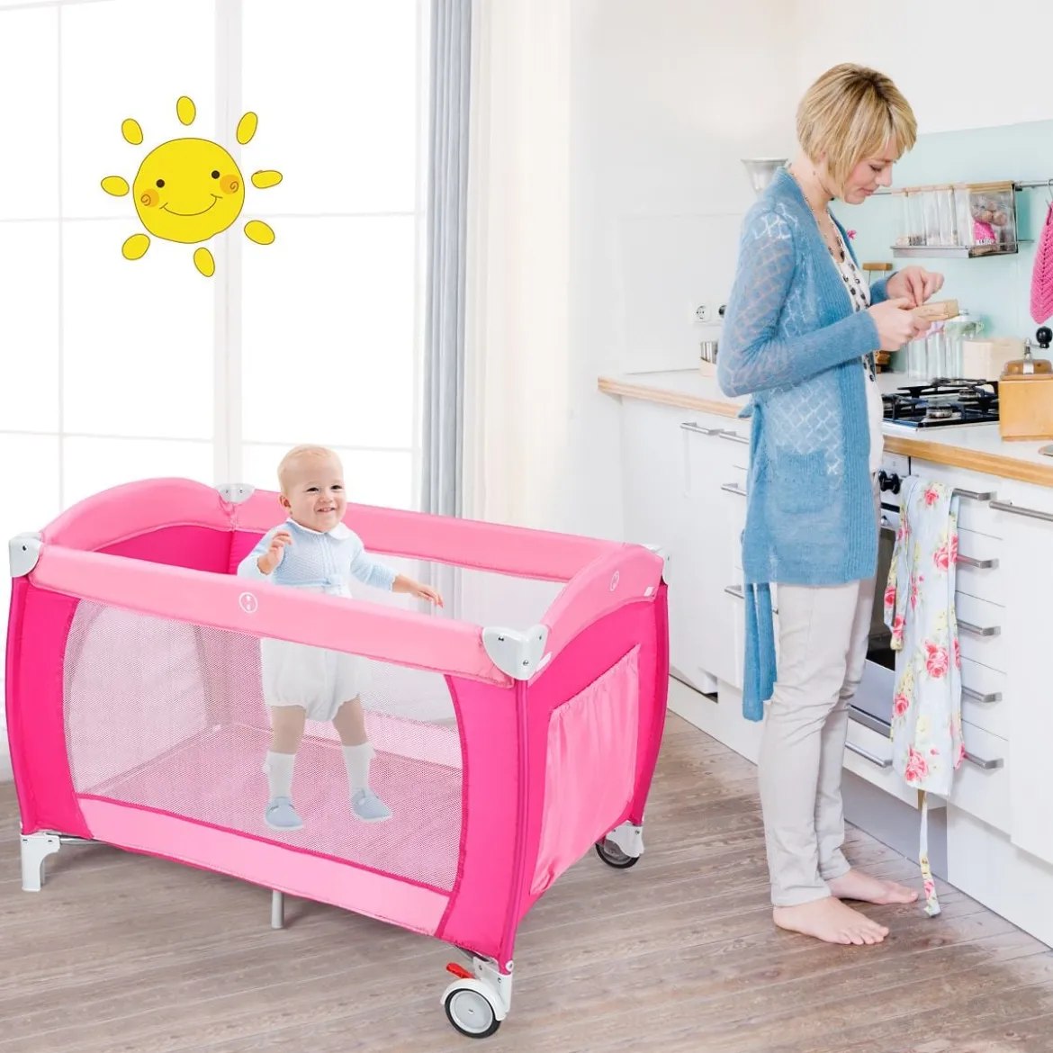 4 in 1 Klappbares Reisebett & Babywiege & Wickeltisch & Laufstall mit Schaukelfunktion Rosa