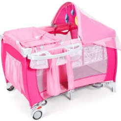 4 in 1 Klappbares Reisebett & Babywiege & Wickeltisch & Laufstall mit Schaukelfunktion Rosa