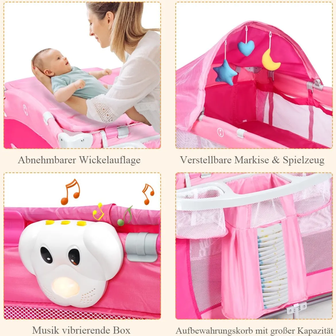 4 in 1 Klappbares Reisebett & Babywiege & Wickeltisch & Laufstall mit Schaukelfunktion Rosa