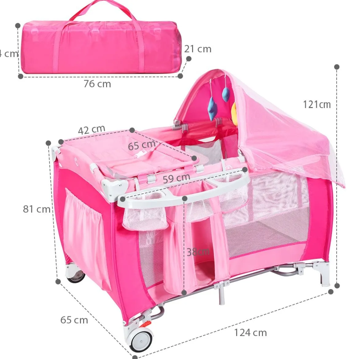 4 in 1 Klappbares Reisebett & Babywiege & Wickeltisch & Laufstall mit Schaukelfunktion Rosa