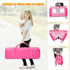 4 in 1 Klappbares Reisebett & Babywiege & Wickeltisch & Laufstall mit Schaukelfunktion Rosa