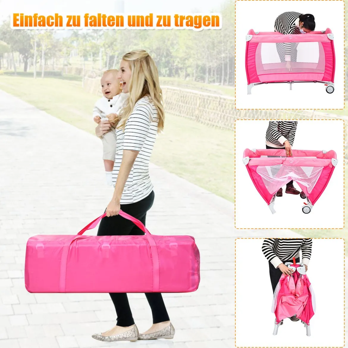 4 in 1 Klappbares Reisebett & Babywiege & Wickeltisch & Laufstall mit Schaukelfunktion Rosa