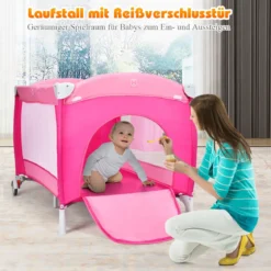 4 in 1 Klappbares Reisebett & Babywiege & Wickeltisch & Laufstall mit Schaukelfunktion Rosa
