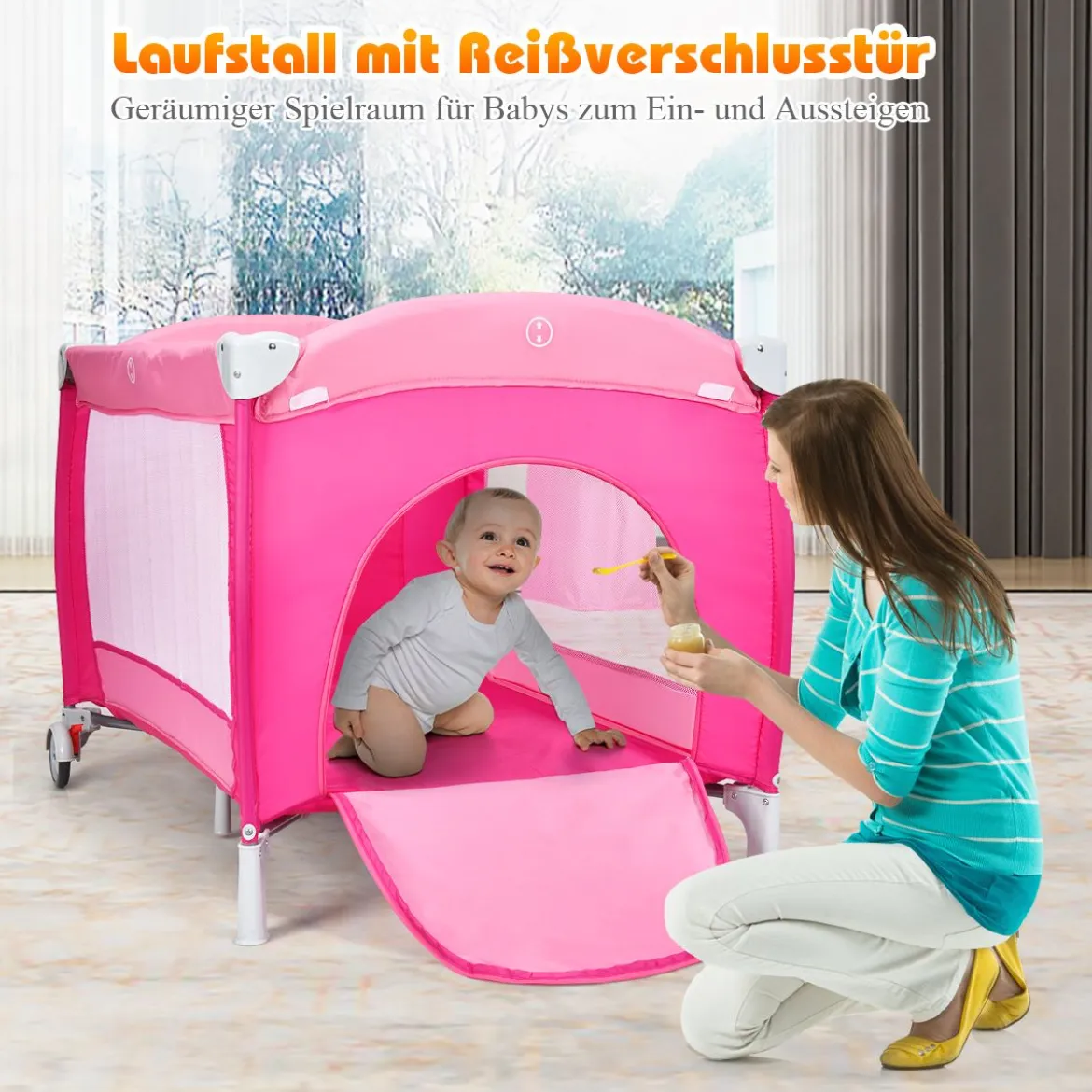4 in 1 Klappbares Reisebett & Babywiege & Wickeltisch & Laufstall mit Schaukelfunktion Rosa