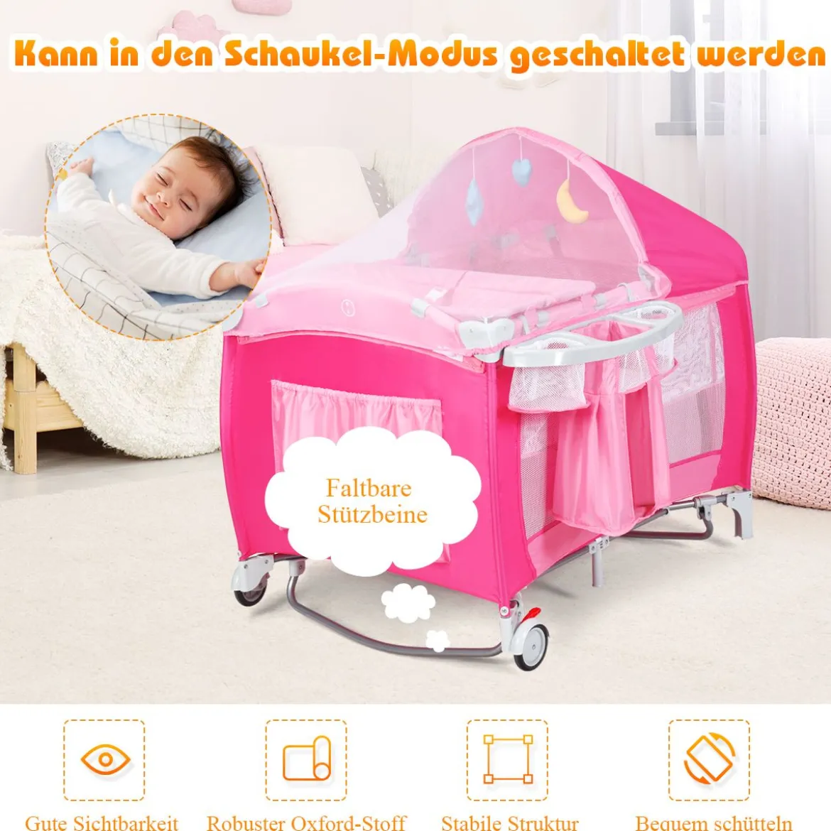 4 in 1 Klappbares Reisebett & Babywiege & Wickeltisch & Laufstall mit Schaukelfunktion Rosa
