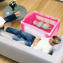 4 in 1 Klappbares Reisebett & Babywiege & Wickeltisch & Laufstall mit Schaukelfunktion Rosa