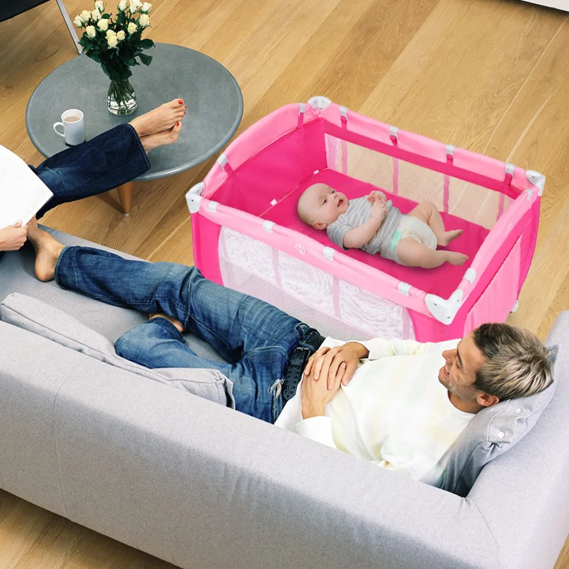 4 in 1 Klappbares Reisebett & Babywiege & Wickeltisch & Laufstall mit Schaukelfunktion Rosa