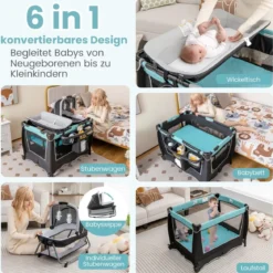 6 in 1 Klappbares Reisebett mit Schaukelfunktion Babykorb 103 x 72,5 x 73,5 cm Mintgrün + Grau