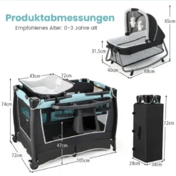 6 in 1 Klappbares Reisebett mit Schaukelfunktion Babykorb 103 x 72,5 x 73,5 cm Mintgrün + Grau