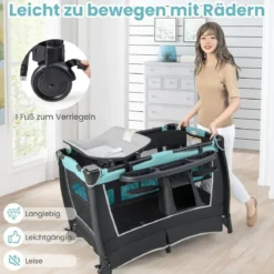 6 in 1 Klappbares Reisebett mit Schaukelfunktion Babykorb 103 x 72,5 x 73,5 cm Mintgrün + Grau