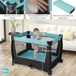 6 in 1 Klappbares Reisebett mit Schaukelfunktion Babykorb 103 x 72,5 x 73,5 cm Mintgrün + Grau