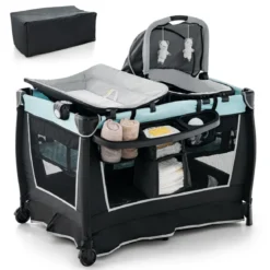 6 in 1 Klappbares Reisebett mit Schaukelfunktion Babykorb 103 x 72,5 x 73,5 cm Mintgrün + Grau