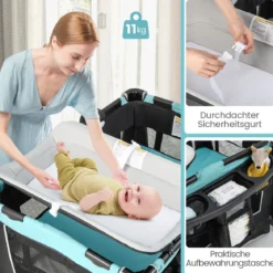 6 in 1 Klappbares Reisebett mit Schaukelfunktion Babykorb 103 x 72,5 x 73,5 cm Mintgrün + Grau