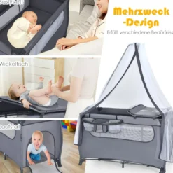 3 in 1 klappbares Reisebett & Wickeltisch & Laufstall 120 x 60cm Kinderbett 2 Ebenen Babybett inkl. Wickelauflage