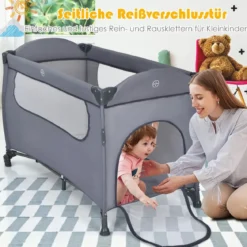 3 in 1 klappbares Reisebett & Wickeltisch & Laufstall 120 x 60cm Kinderbett 2 Ebenen Babybett inkl. Wickelauflage