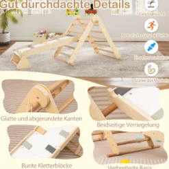 3 in 1 Klettergerüst Kletterdreieck & Kletterleiter & Wippe Klappbares Holz Sprossendreieck