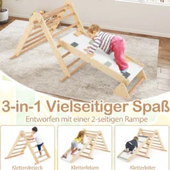 3 in 1 Klettergerüst Kletterdreieck & Kletterleiter & Wippe Klappbares Holz Sprossendreieck