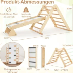 3 in 1 Klettergerüst Kletterdreieck & Kletterleiter & Wippe Klappbares Holz Sprossendreieck