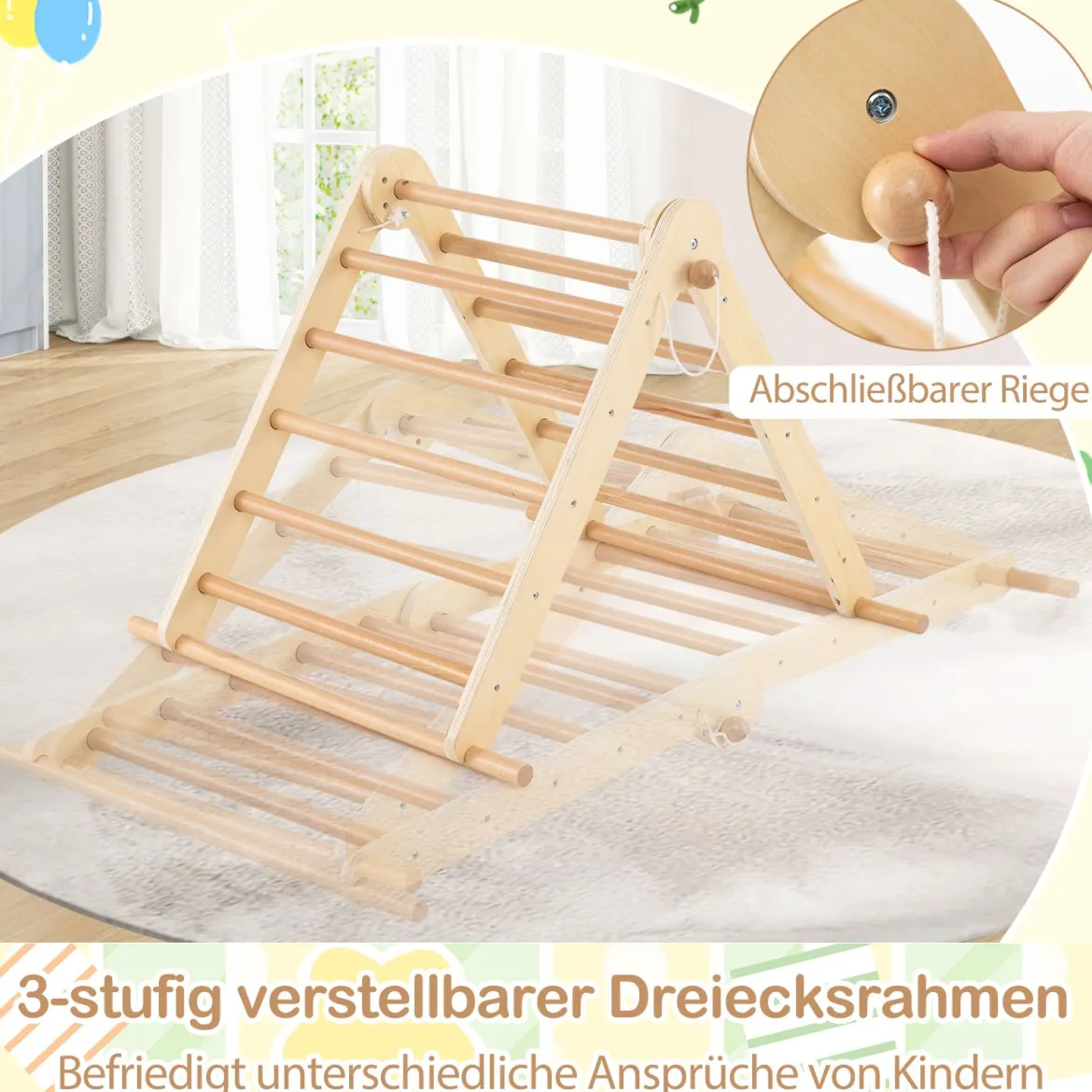 3 in 1 Klettergerüst Kletterdreieck & Kletterleiter & Wippe Klappbares Holz Sprossendreieck