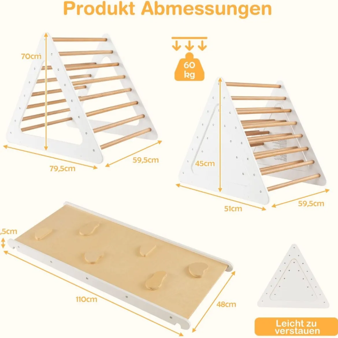 3 in 1 Kletterspielzeug-Set für Kleinkinder Kletterdreieck & Leiter & Rutsche Klettergerüst Natur