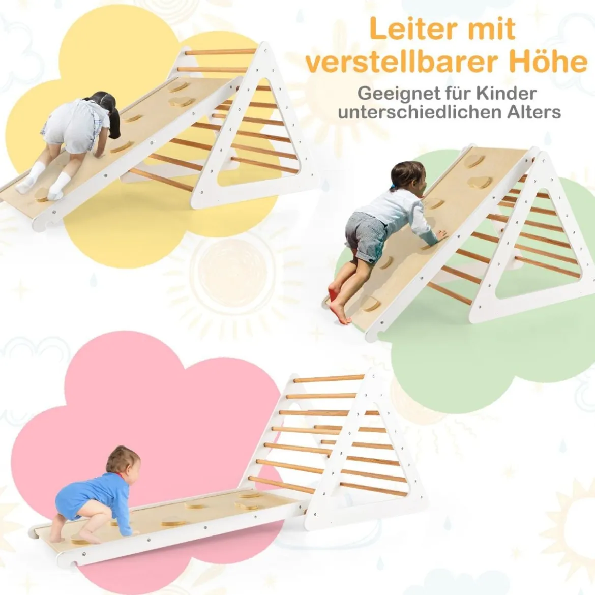 3 in 1 Kletterspielzeug-Set für Kleinkinder Kletterdreieck & Leiter & Rutsche Klettergerüst Natur