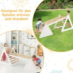 3 in 1 Kletterspielzeug-Set für Kleinkinder Kletterdreieck & Leiter & Rutsche Klettergerüst Natur