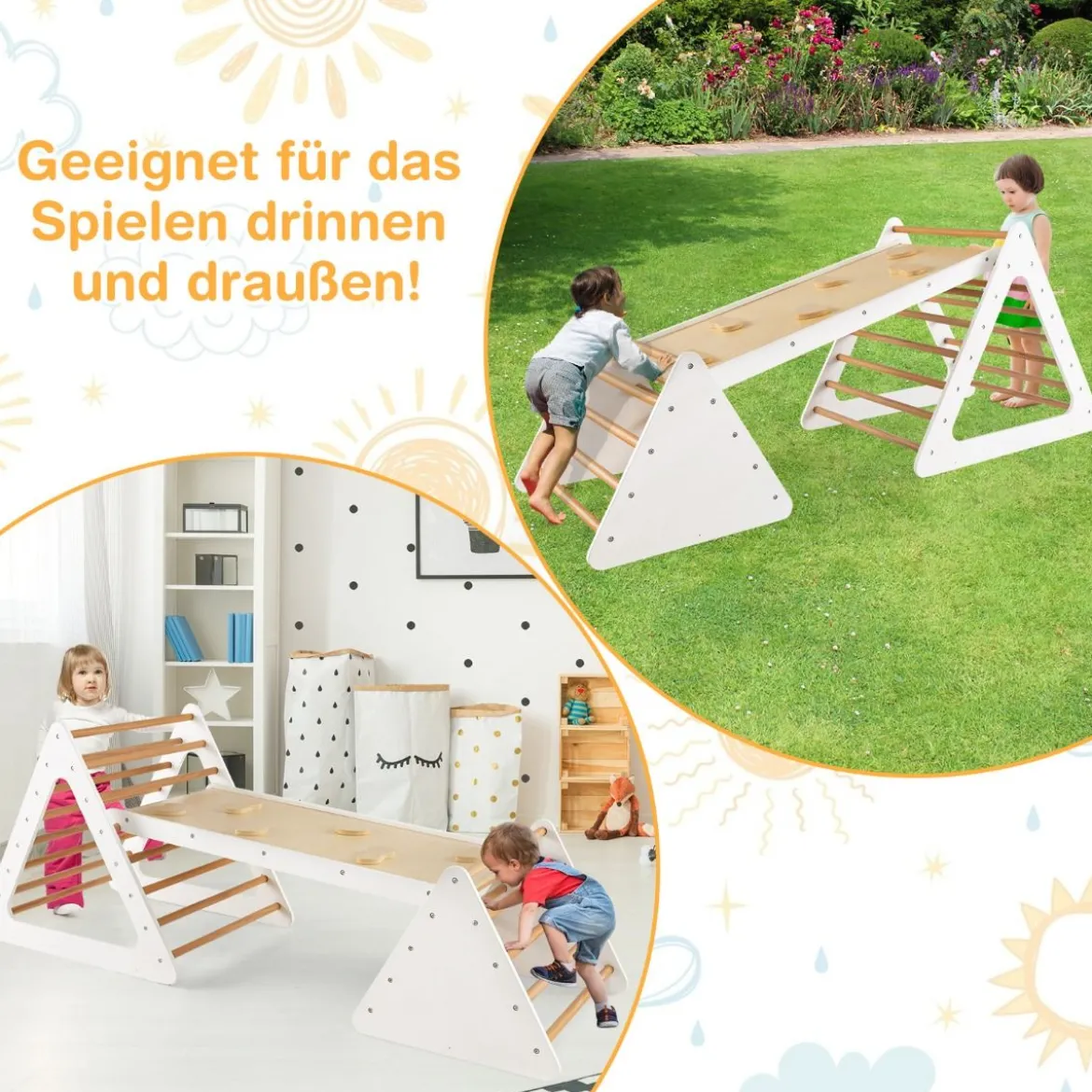 3 in 1 Kletterspielzeug-Set für Kleinkinder Kletterdreieck & Leiter & Rutsche Klettergerüst Natur