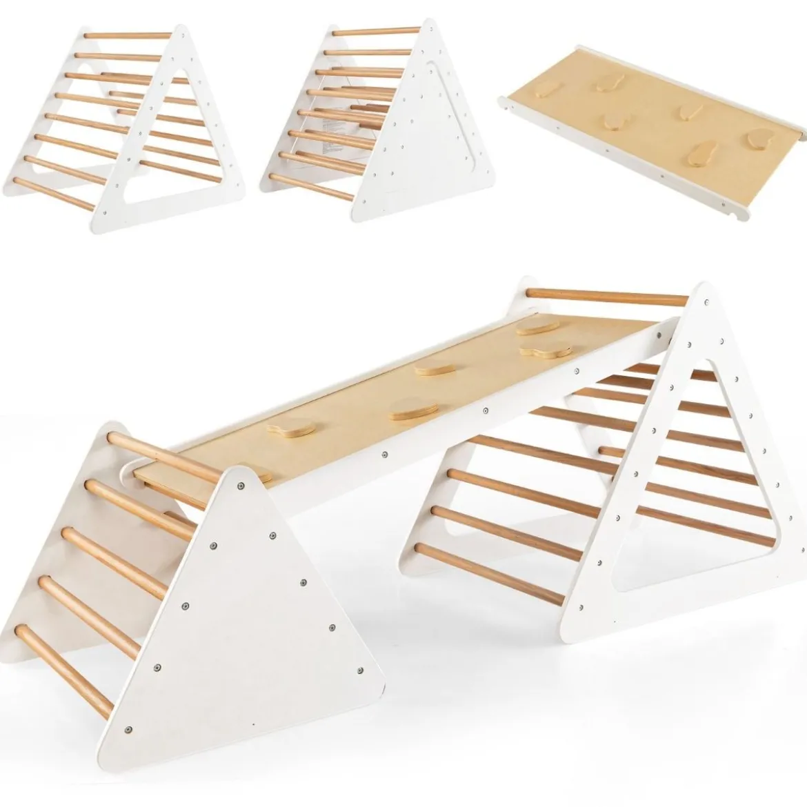 3 in 1 Kletterspielzeug-Set für Kleinkinder Kletterdreieck & Leiter & Rutsche Klettergerüst Natur