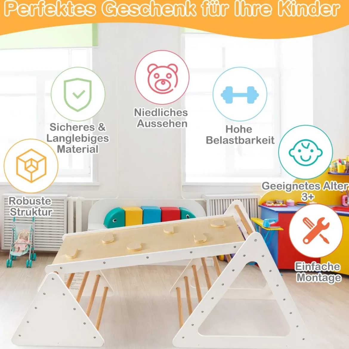 3 in 1 Kletterspielzeug-Set für Kleinkinder Kletterdreieck & Leiter & Rutsche Klettergerüst Natur