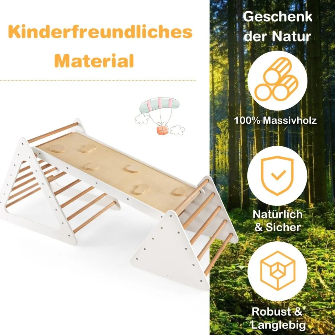 3 in 1 Kletterspielzeug-Set für Kleinkinder Kletterdreieck & Leiter & Rutsche Klettergerüst Natur
