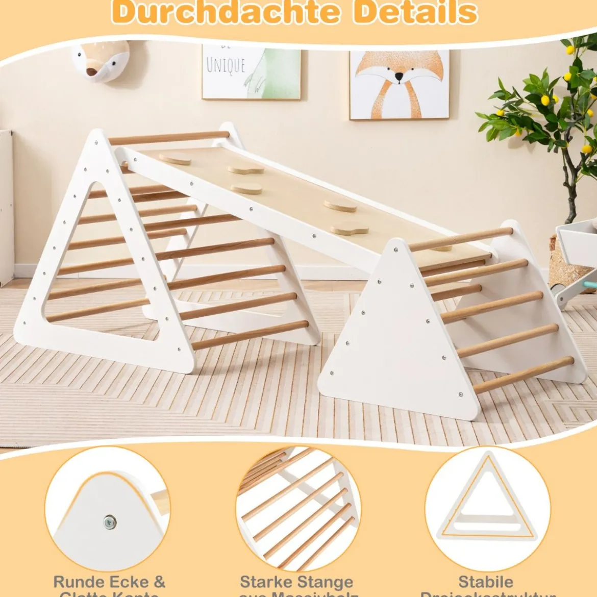 3 in 1 Kletterspielzeug-Set für Kleinkinder Kletterdreieck & Leiter & Rutsche Klettergerüst Natur