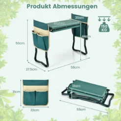 2 in 1 Kniebank für Gartenarbeit mit 2 Werkzeugtaschen Klappbar 58 x 27,5 x 50 cm Grün