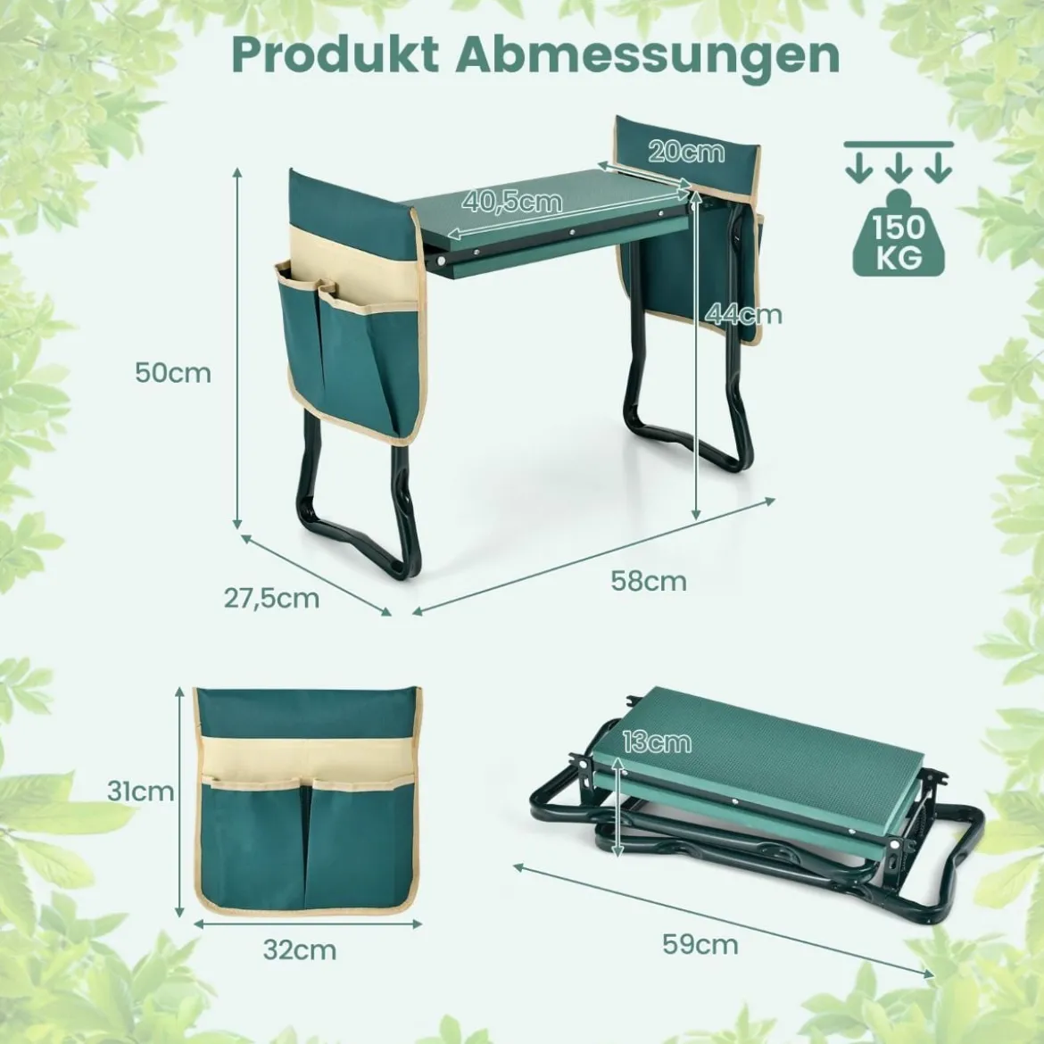 2 in 1 Kniebank für Gartenarbeit mit 2 Werkzeugtaschen Klappbar 58 x 27,5 x 50 cm Grün