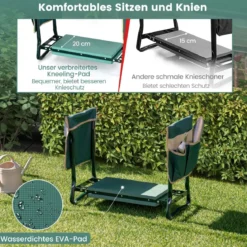 2 in 1 Kniebank für Gartenarbeit mit 2 Werkzeugtaschen Klappbar 58 x 27,5 x 50 cm Grün