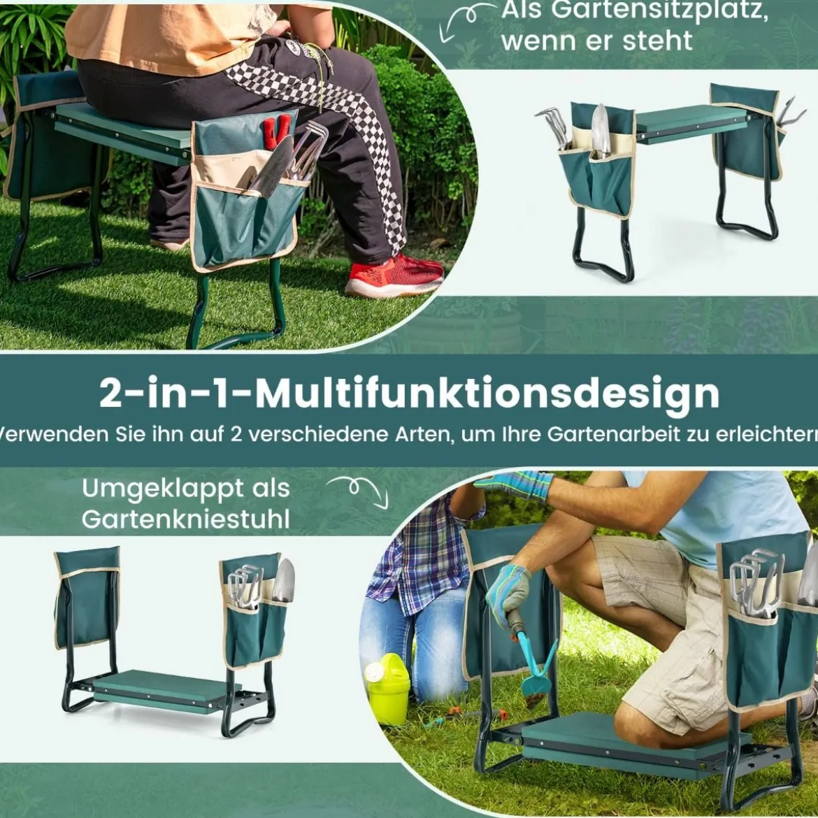 2 in 1 Kniebank für Gartenarbeit mit 2 Werkzeugtaschen Klappbar 58 x 27,5 x 50 cm Grün