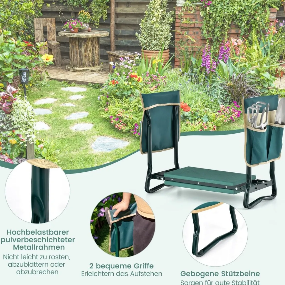 2 in 1 Kniebank für Gartenarbeit mit 2 Werkzeugtaschen Klappbar 58 x 27,5 x 50 cm Grün
