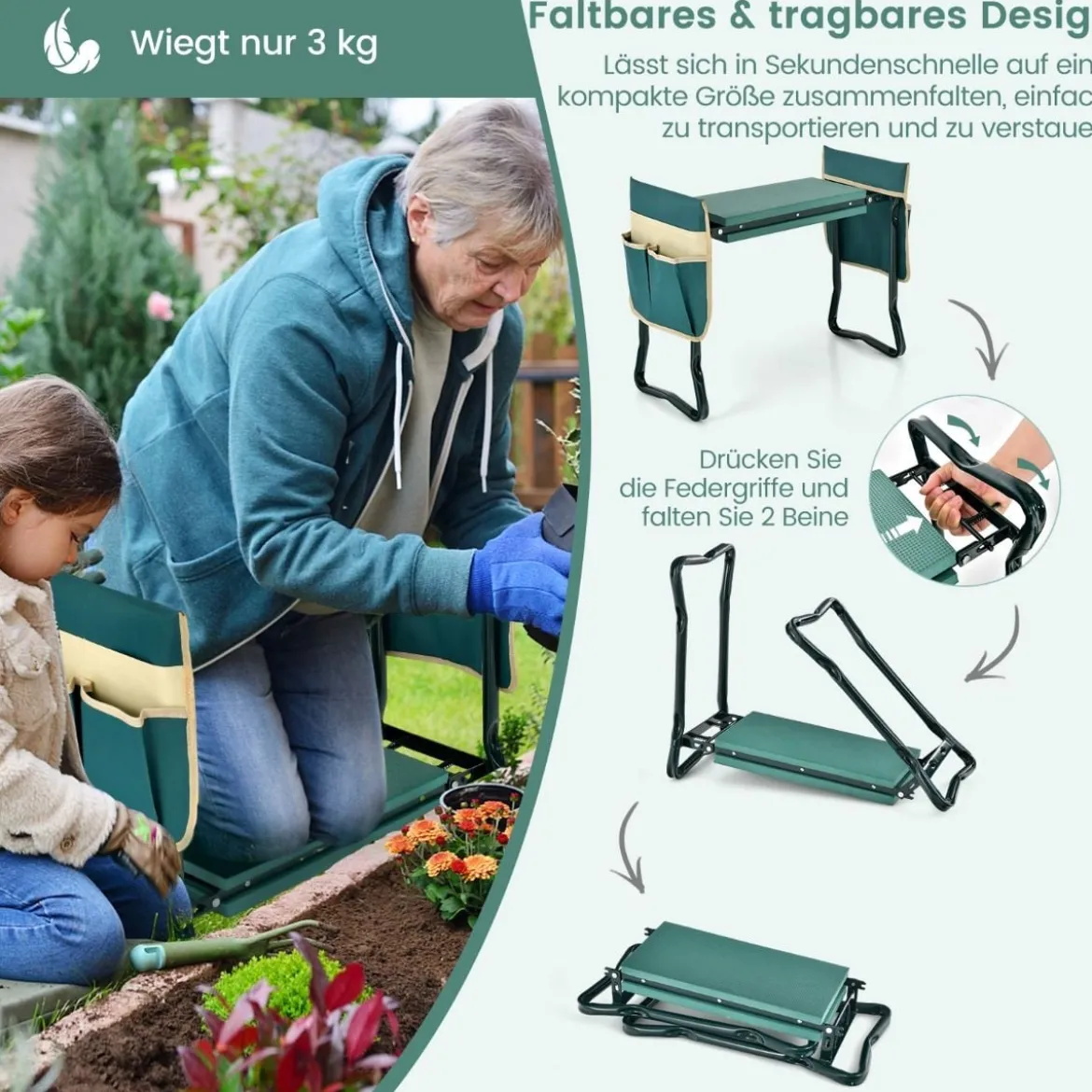 2 in 1 Kniebank für Gartenarbeit mit 2 Werkzeugtaschen Klappbar 58 x 27,5 x 50 cm Grün