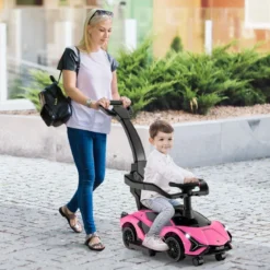 3-in-1 Lamborghini Rutschauto Schiebauto mit Scheinwerfern & Musik & Stauraum Weiß/Schwarz/Rosa
