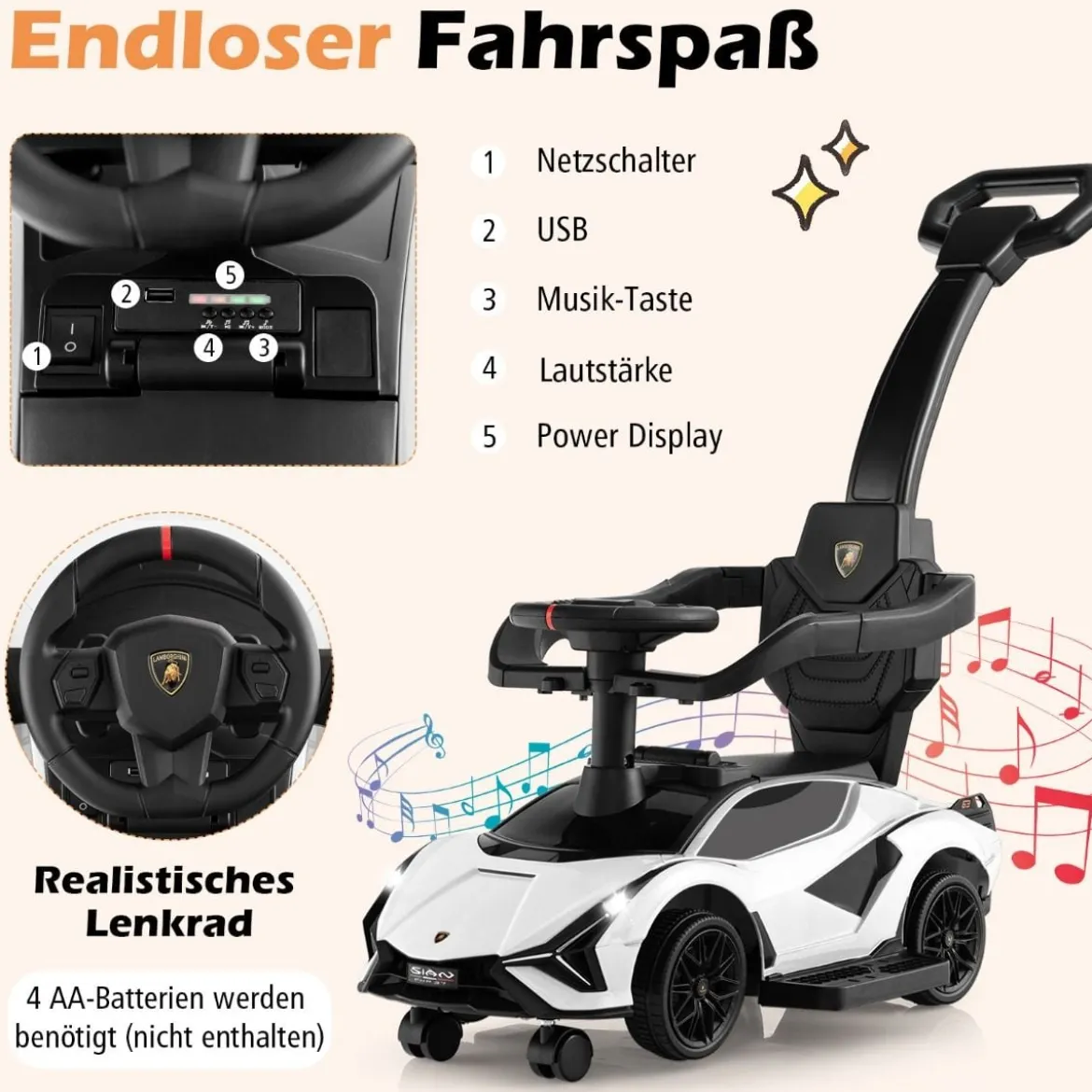3-in-1 Lamborghini Rutschauto Schiebauto mit Scheinwerfern & Musik & Stauraum Weiß/Schwarz/Rosa