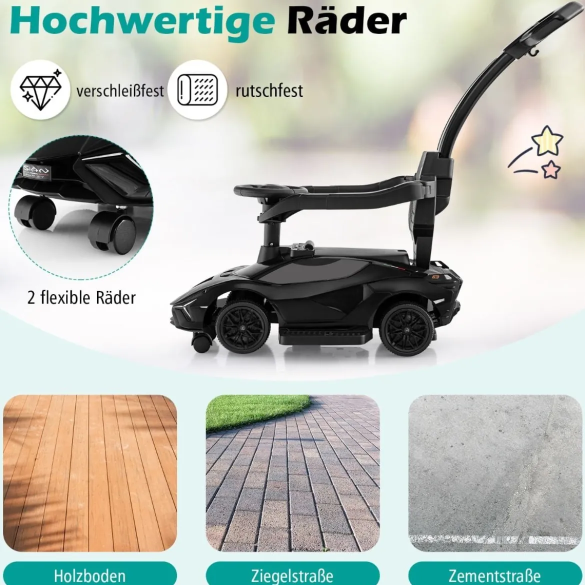 3-in-1 Lamborghini Rutschauto Schiebauto mit Scheinwerfern & Musik & Stauraum Weiß/Schwarz/Rosa