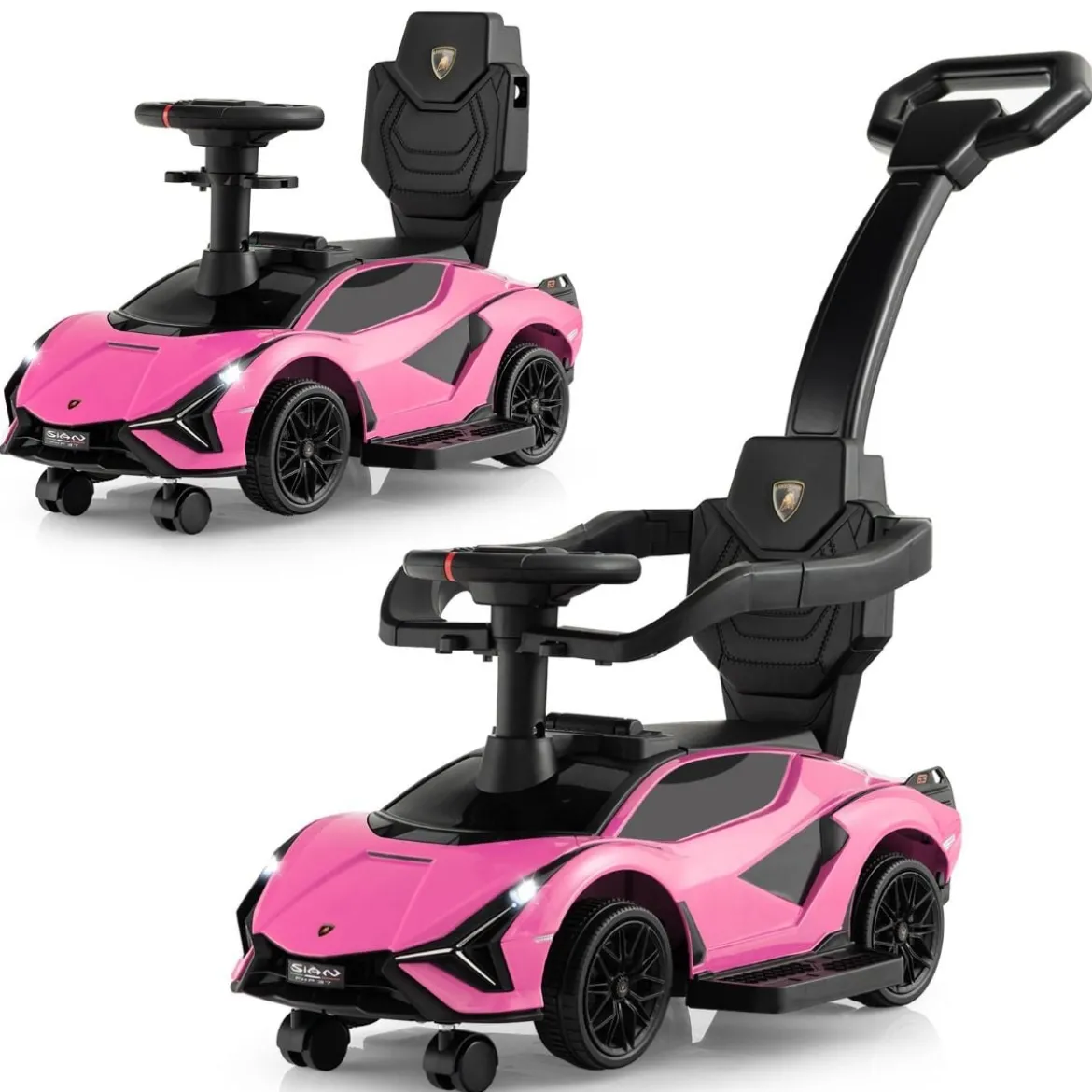 3-in-1 Lamborghini Rutschauto Schiebauto mit Scheinwerfern & Musik & Stauraum Weiß/Schwarz/Rosa