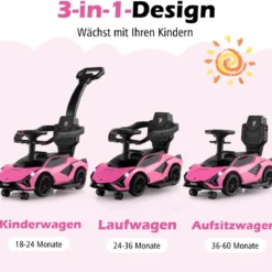 3-in-1 Lamborghini Rutschauto Schiebauto mit Scheinwerfern & Musik & Stauraum Weiß/Schwarz/Rosa