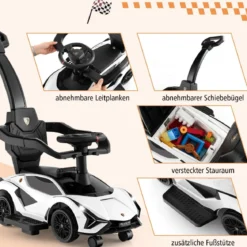 3-in-1 Lamborghini Rutschauto Schiebauto mit Scheinwerfern & Musik & Stauraum Weiß/Schwarz/Rosa
