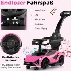 3-in-1 Lamborghini Rutschauto Schiebauto mit Scheinwerfern & Musik & Stauraum Weiß/Schwarz/Rosa