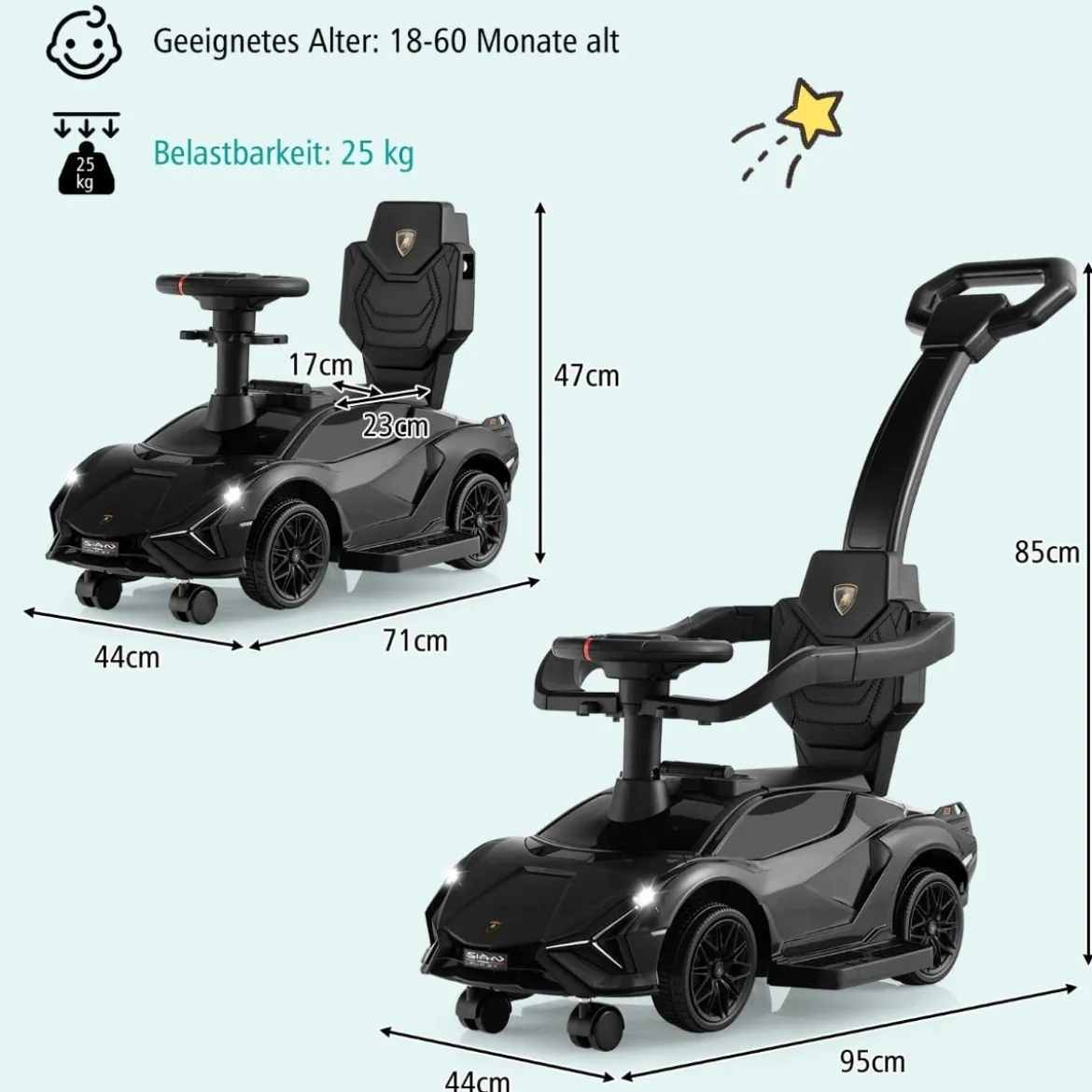3-in-1 Lamborghini Rutschauto Schiebauto mit Scheinwerfern & Musik & Stauraum Weiß/Schwarz/Rosa