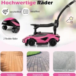 3-in-1 Lamborghini Rutschauto Schiebauto mit Scheinwerfern & Musik & Stauraum Weiß/Schwarz/Rosa